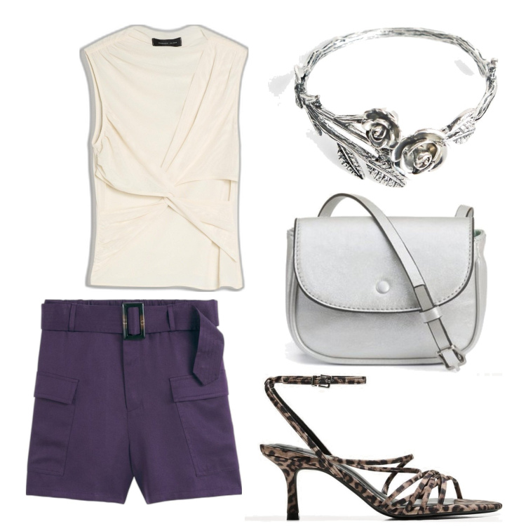 Outfit mujer - Urban look. Estilo Urban para Noche/Fiesta elegante. Combinación con pulseras, shorts, sandalias de tacón, bolsos de mano, top.
