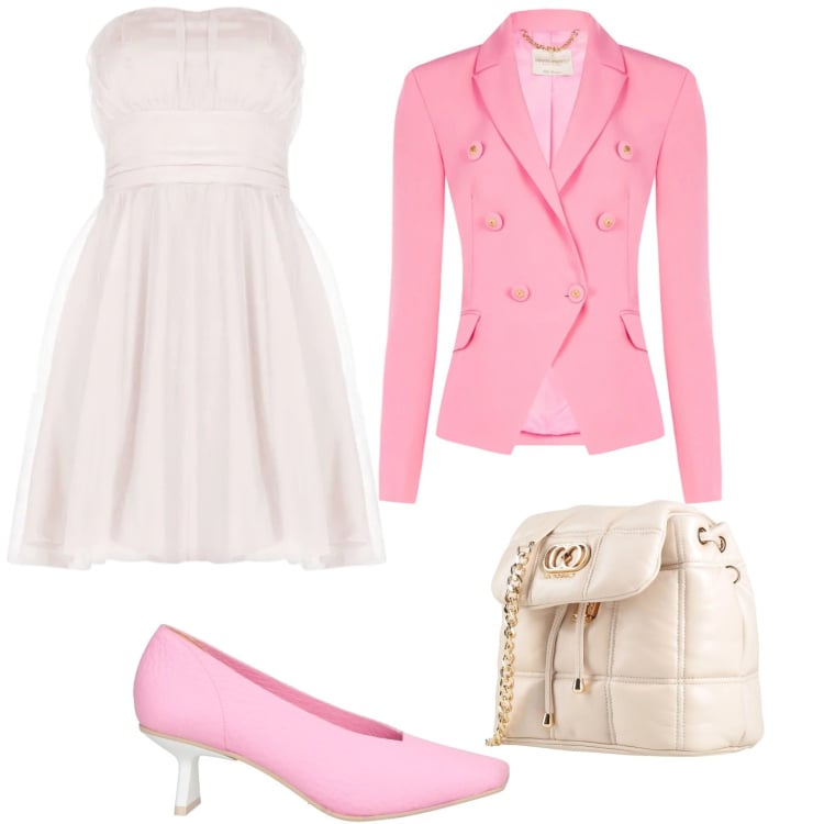Outfit donna - Rosa Pastello. Stile Romantica per Cerimonia. Abbinamento con décolleté, valigie, vestiti corti, blazer.