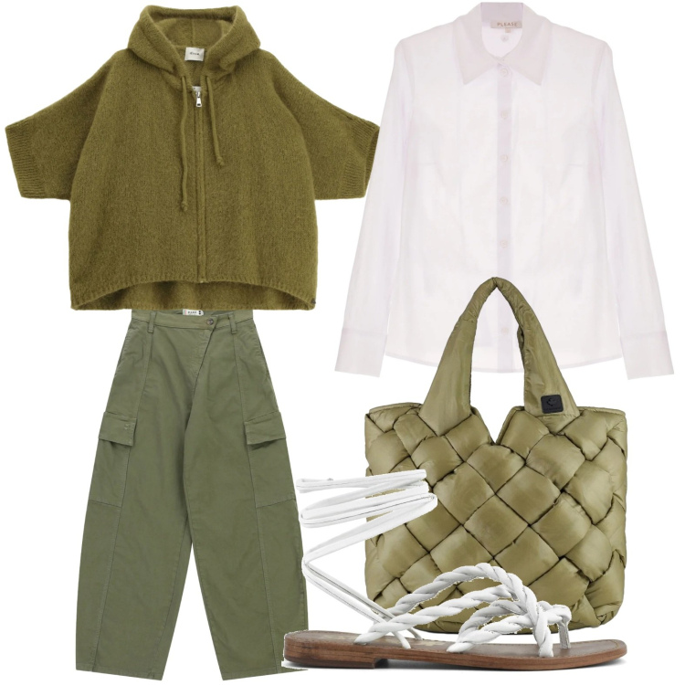 Outfit donna - Verde e bianco. Stile Urban per Tutti i giorni. Abbinamento con cardigans, camicie, pantaloni cargo, borse tote, sandali.