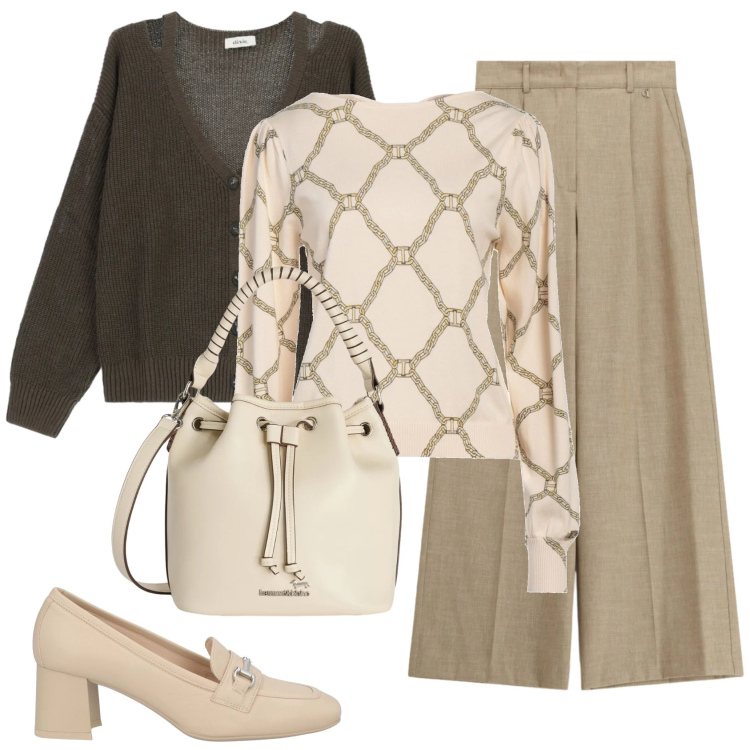 Outfit donna - Total look #2359464. Stile Bon Ton per Ufficio. Abbinamento con pullovers, mocassini, borse a secchiello, cardigans, pantaloni a palazzo.