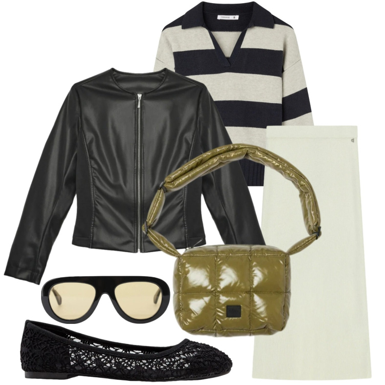 Outfit donna - La gonna over. Stile Trendy per Tutti i giorni. Abbinamento con ballerine, maglieria, giacche, occhiali da sole, gonne lunghe, borse a spalla.