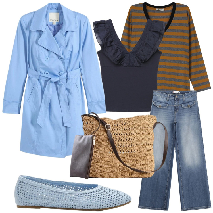 Outfit donna - Capospalla di stagione. Stile Minimal per Ufficio. Abbinamento con ballerine, trench, borse a tracolla, top, maglieria, jeans.