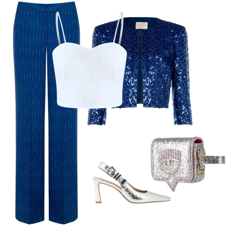 Outfit donna - Serata scintillante. Stile Chic per Serata fuori. Abbinamento con marsupi, décolleté, top, bolero, pantaloni.