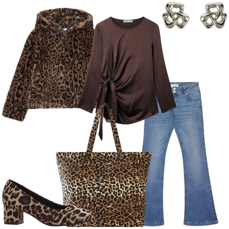 Outfit donna - Total look per la moda. Stile Trendy per Tutti i giorni. Abbinamento con shopping bag, décolleté, bluse, ecopellicce, jeans a zampa, orecchini.