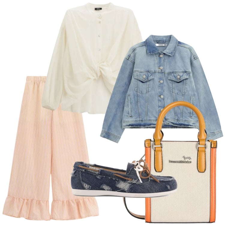 Outfit donna - La camicia intrecciata. Stile Casual per Tutti i giorni. Abbinamento con borse tote, camicie, pantaloni a palazzo, blazer, mocassini.