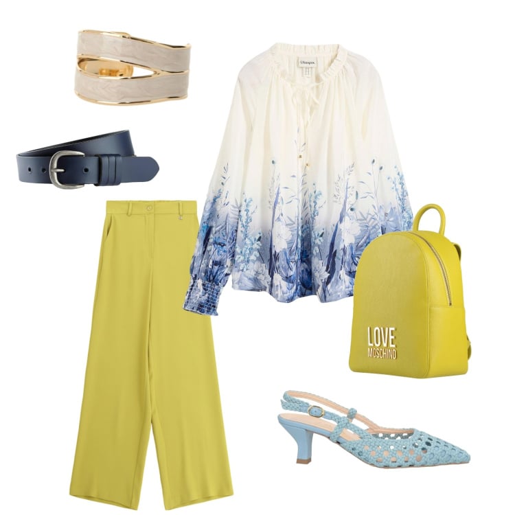 Outfit donna - È primavera. Stile Casual chic per Ufficio. Abbinamento con décolleté, zaini, bluse, cinture, pantaloni a palazzo, anelli.