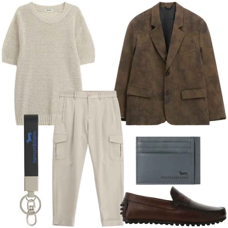 Outfit uomo - Look di classe. Stile Trendy per Tutti i giorni. Abbinamento con portafogli, portachiavi, giacche, maglieria, pantaloni cargo, scarpe stringate.