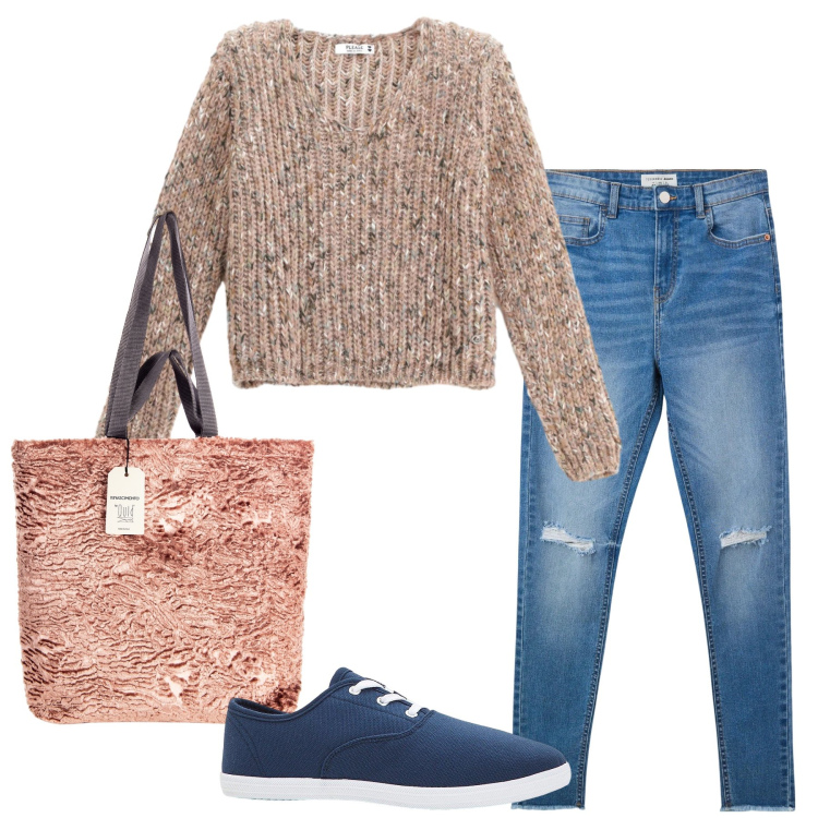 Outfit donna - Total look #2359484. Stile Basic per Scuola/Università. Abbinamento con sneakers, jeans strappati, maglieria, borse tote.