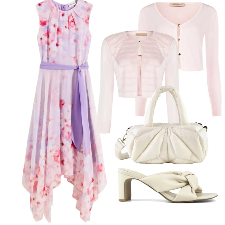 Outfit donna - Flowers with layer. Stile Basic Abbinamento con vestiti, cardigans, bolero, borse a mano, sandali col tacco.