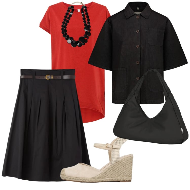 Outfit donna - Primavera verrà. per Tutti i giorni. Abbinamento con maglieria, zeppe, gonne longuette, collane, borse a spalla, blazer.