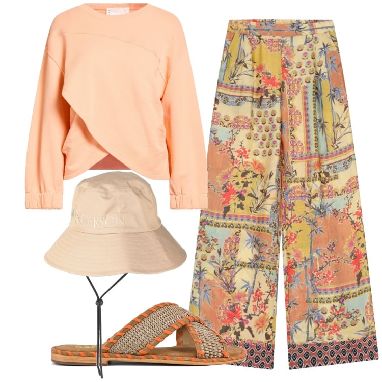 Outfit donna - Total look #2359487. Stile Etnico per Tutti i giorni. Abbinamento con felpe, cappelli, pantaloni a palazzo, ciabatte.