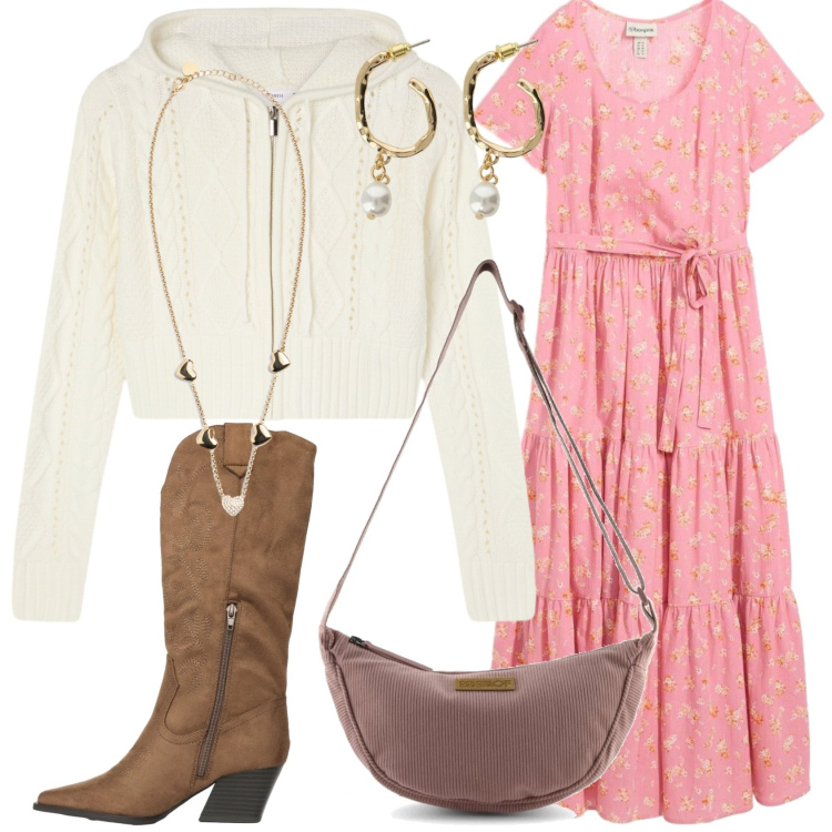 Outfit donna - Primavera 2026 con richiami country. Stile Vintage retrò per Tutti i giorni. Abbinamento con vestiti lunghi, cardigans, stivali, orecchini, collane, borse a tracolla.