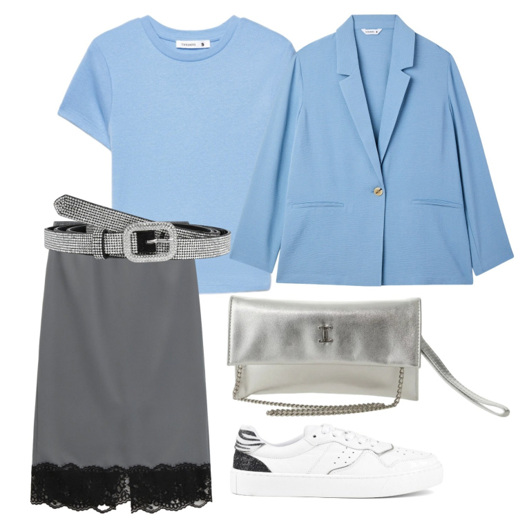 Outfit donna - Di giorno. per Ufficio. Abbinamento con borse a tracolla, blazer, cinture, t-shirt, gonne longuette, sneakers.