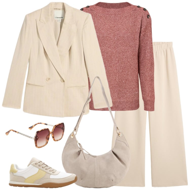 Outfit donna - Trendy e comoda. Stile Trendy per Ufficio. Abbinamento con maglieria, pantaloni, blazer, sneakers, borse a tracolla, occhiali da sole.