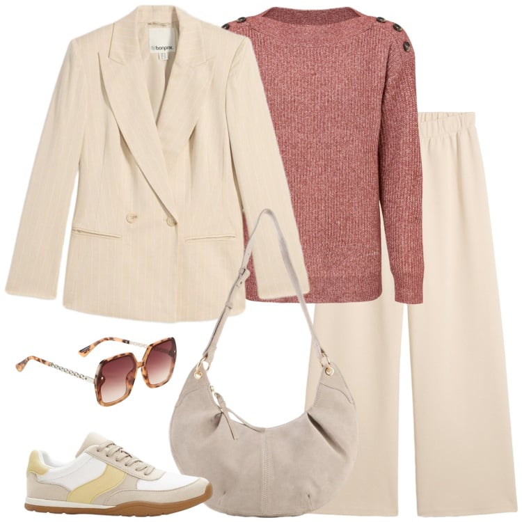 Outfit donna - Trendy e compda. Stile Trendy per Ufficio. Abbinamento con pantaloni, maglieria, blazer, sneakers, borse a tracolla, occhiali da sole.