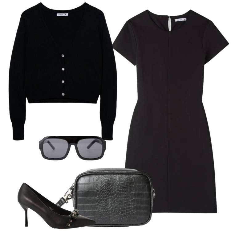 Outfit donna - Vedo Nero. Stile Minimal per Serata fuori. Abbinamento con cardigans, vestiti corti, occhiali da sole, décolleté, borse a tracolla.