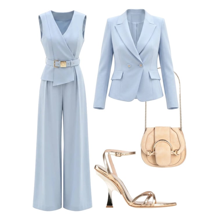 Outfit donna - Cerimonia cielo Rinascimento. Stile Chic per Cerimonia. Abbinamento con sandali in pelle, marsupi, tute, blazer.