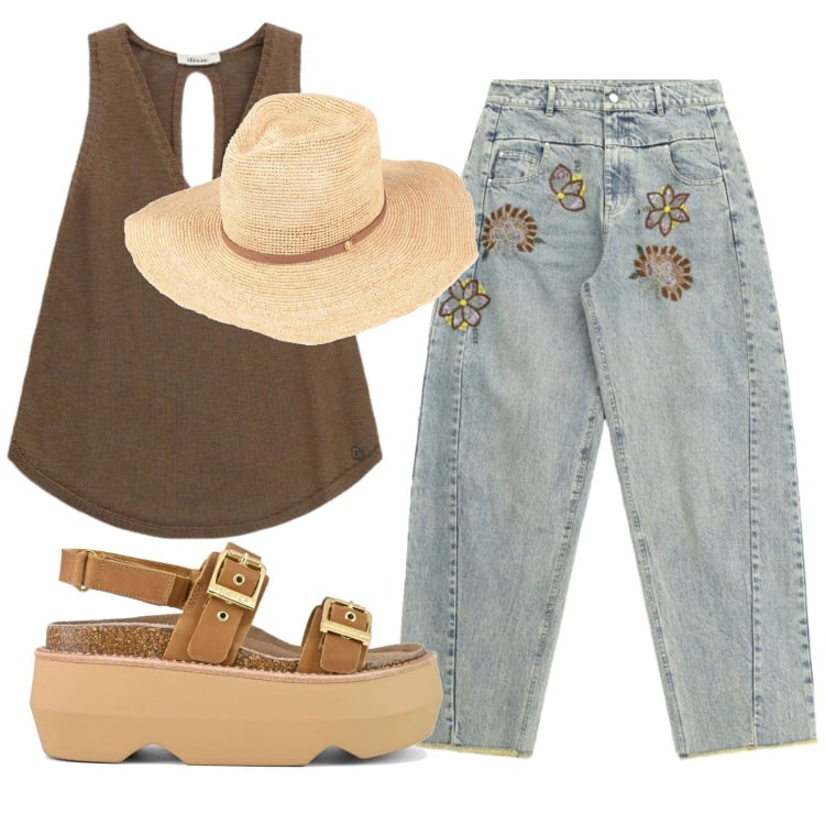 Outfit donna - Total look #2359535. Stile Casual per Mare. Abbinamento con cappelli, jeans, top, sandali col tacco.