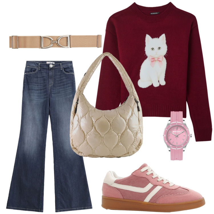 Outfit donna - Un animo romantico. Stile Casual per Tutti i giorni. Abbinamento con sneakers, cinture, maglieria, orologi, jeans a zampa, borse tote.