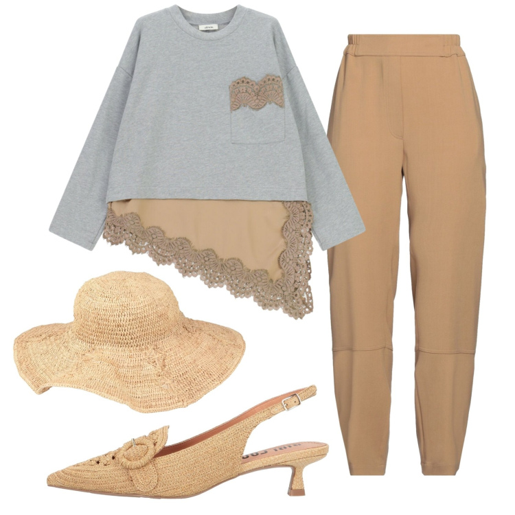 Outfit donna - Total look #2359553. Stile Romantica per Ufficio. Abbinamento con pantaloni, décolleté, cappelli, top.