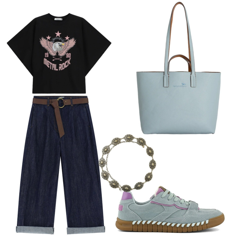 Outfit donna - Total relax. Stile Minimal per Scuola/Università. Abbinamento con shopping bag, cinture, jeans, t-shirt, sneakers.