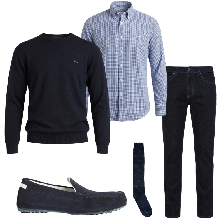 Outfit uomo - Casual style. Stile Casual per Ufficio. Abbinamento con scarpe stringate, jeans, calzini, maglieria, camicie.