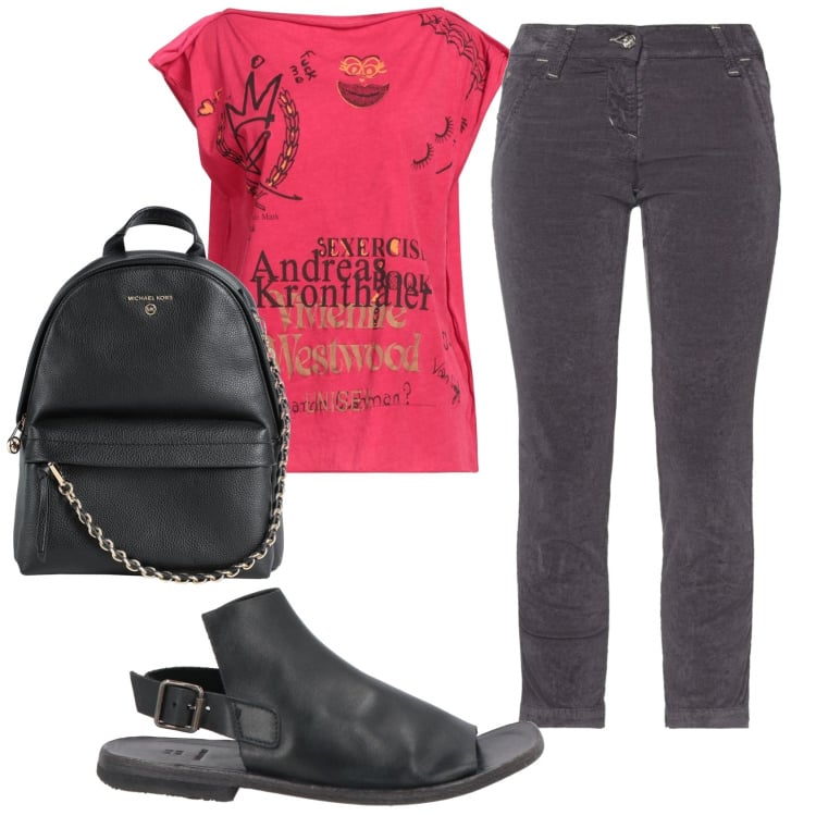 Outfit donna - Total look #2359586. Stile Casual per Tutti i giorni. Abbinamento con zaini, t-shirt, pantaloni, sandali in pelle.