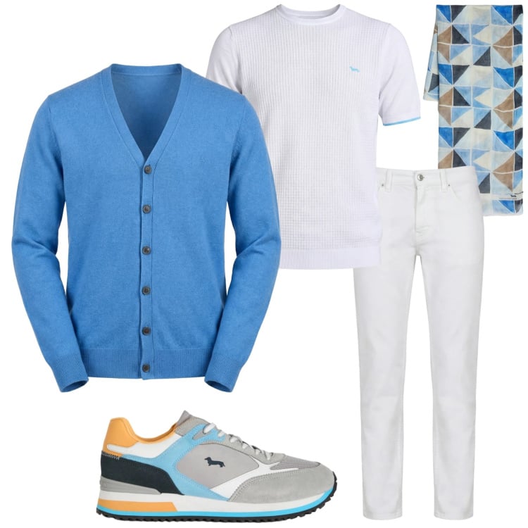 Outfit uomo - Casual raffinato. Stile Trendy per Tutti i giorni. Abbinamento con sneakers, pantaloni, sciarpe, cardigans, t-shirt.
