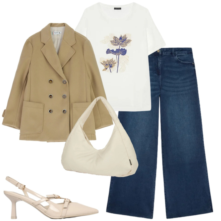 Outfit donna - Marzo. Stile Casual chic per Tutti i giorni. Abbinamento con décolleté, t-shirt, jeans, blazer, borse a spalla.