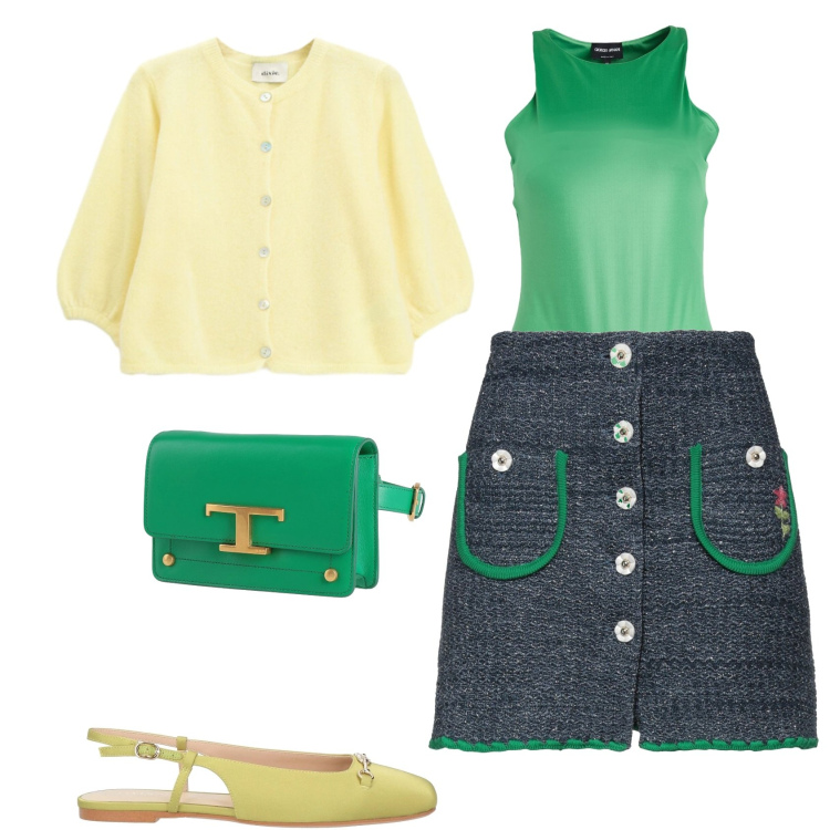 Outfit donna - Verde giallo. Stile Bon Ton per Tutti i giorni. Abbinamento con body, minigonne, marsupi, ballerine, cardigans.
