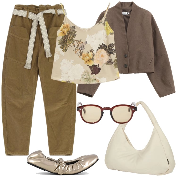 Outfit donna - Top a fantasia floreale. Stile Casual chic per Tutti i giorni. Abbinamento con occhiali da sole, top, blazer, pantaloni, borse a spalla, ballerine.