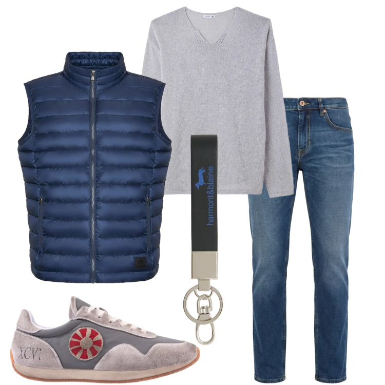 Outfit uomo - Tutti i giorni. Stile Casual per Tutti i giorni. Abbinamento con jeans, portachiavi, maglieria, piumini, sneakers.