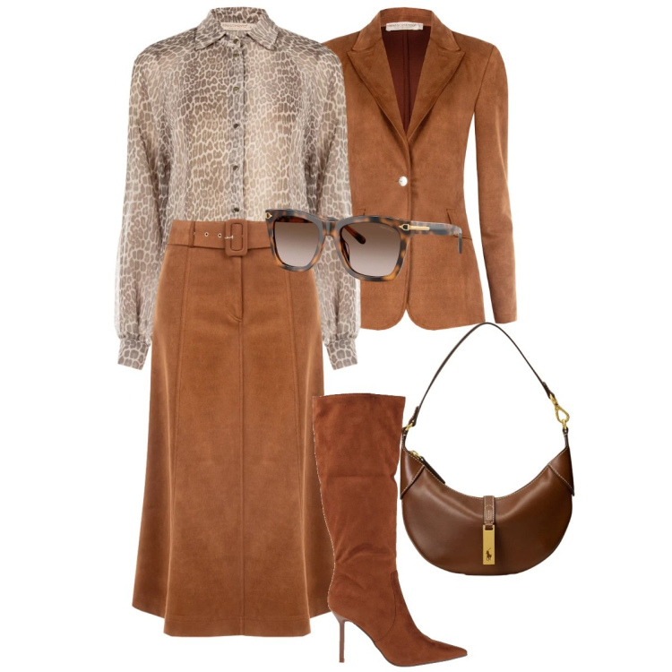 Outfit donna - Rinascimento new collection. Stile Trendy per Ufficio. Abbinamento con stivali, blazer, gonne longuette, camicie, occhiali da sole, borse a spalla.