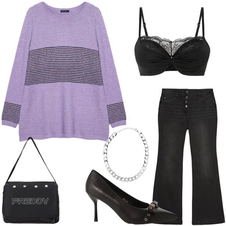 Outfit donna - Lavender Grunge Glam. Stile Casual chic per Tutti i giorni. Abbinamento con reggiseni push-up, collane, décolleté, maglieria, jeans, borse messenger.