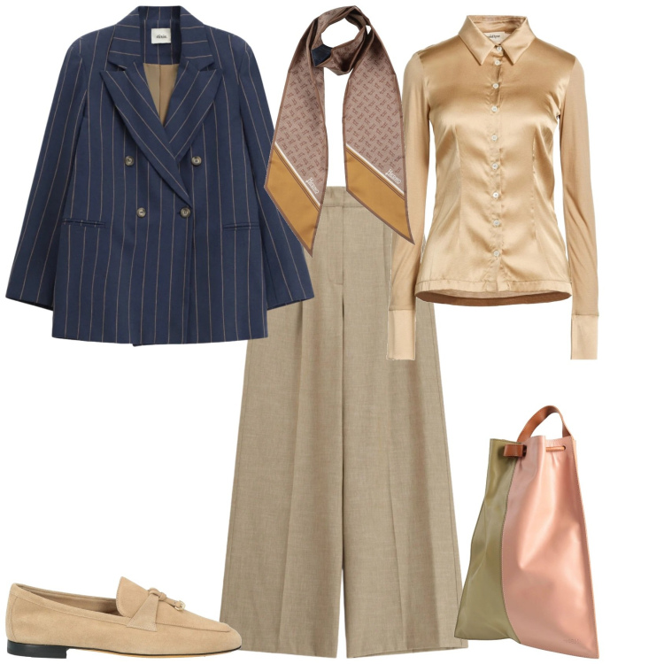 Outfit donna - Chic ufficio evento serata. Stile Chic per Ufficio. Abbinamento con mocassini, zaini, sciarpe, camicie, blazer, pantaloni a palazzo.