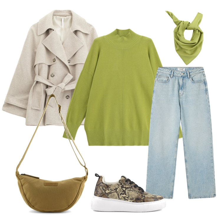 Outfit donna - Total look #2359652. Stile Casual Abbinamento con trench, jeans, maglieria, foulard, borse a tracolla, sneakers.