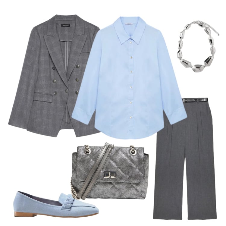 Outfit donna - Azure Executive Power-Suit. Stile Casual chic per Tutti i giorni. Abbinamento con mocassini, borse a tracolla, camicie, blazer, ciondoli, pantaloni.