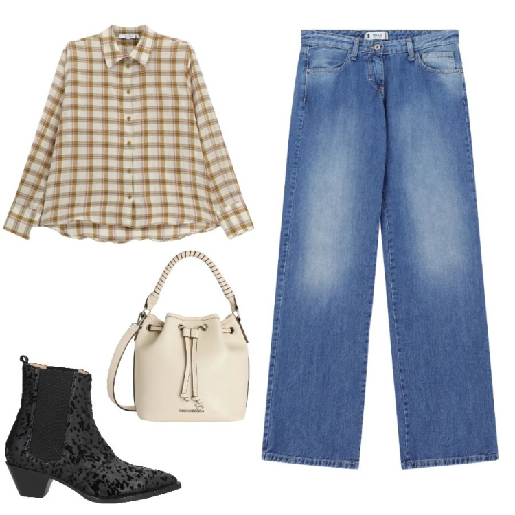 Outfit donna - Un look casual. Stile Casual per Tutti i giorni. Abbinamento con stivaletti chelsea, borse a secchiello, camicie, jeans dritti.