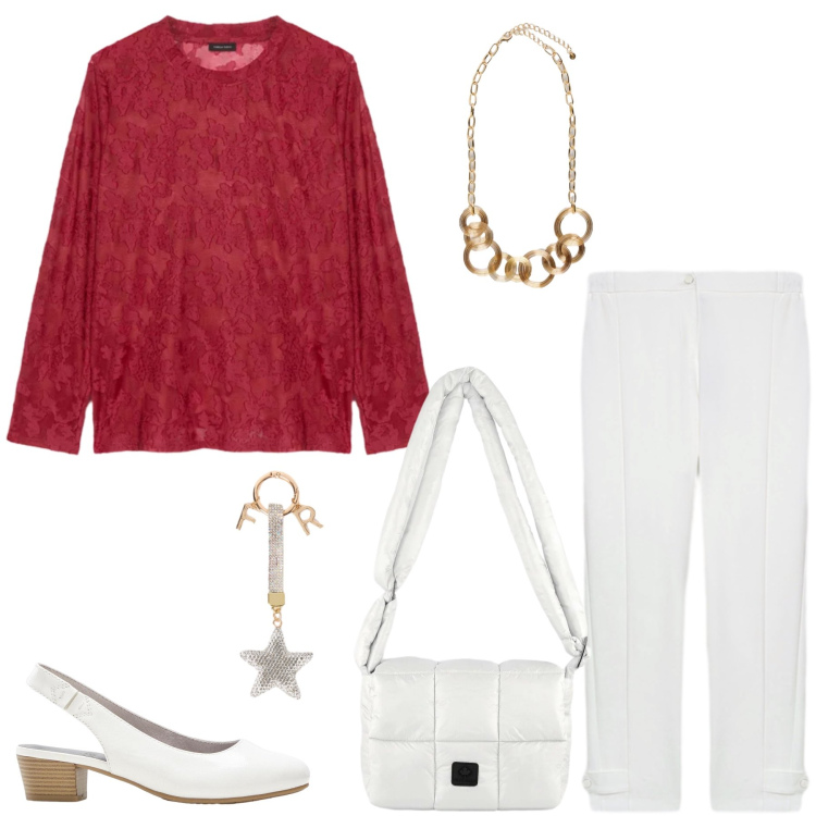 Outfit donna - Crimson Lace & Winter White. Stile Casual chic per Tutti i giorni. Abbinamento con décolleté, bluse, collane, portachiavi, pantaloni, borse a spalla.