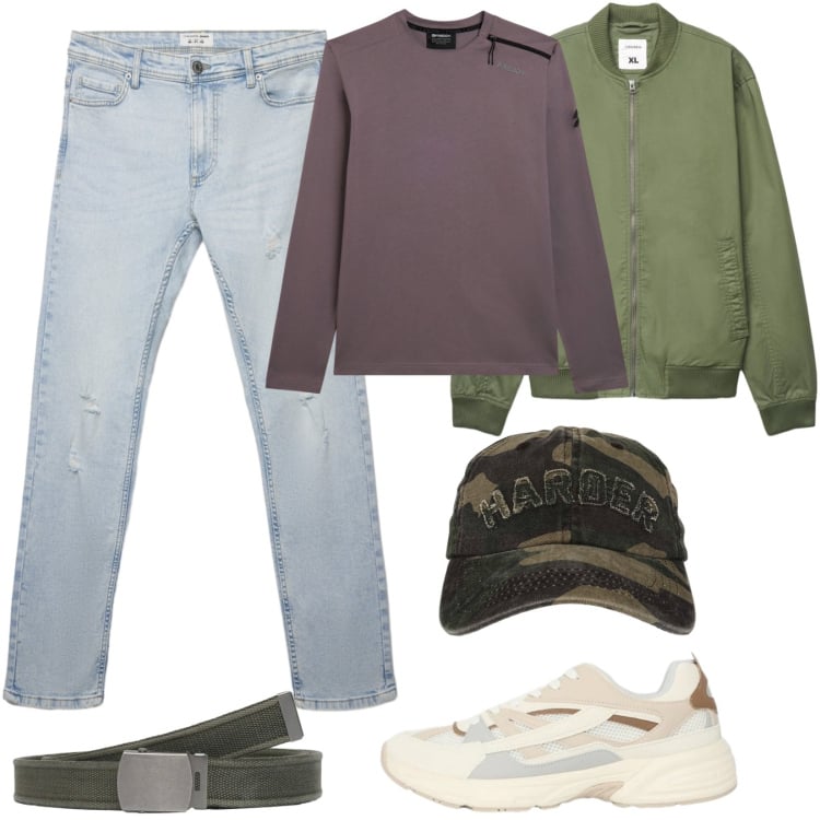 Outfit uomo - Denim primaverile. Stile Casual per Tutti i giorni. Abbinamento con bomber, cinture, sneakers, jeans strappati, cappelli con visiera, t-shirt.