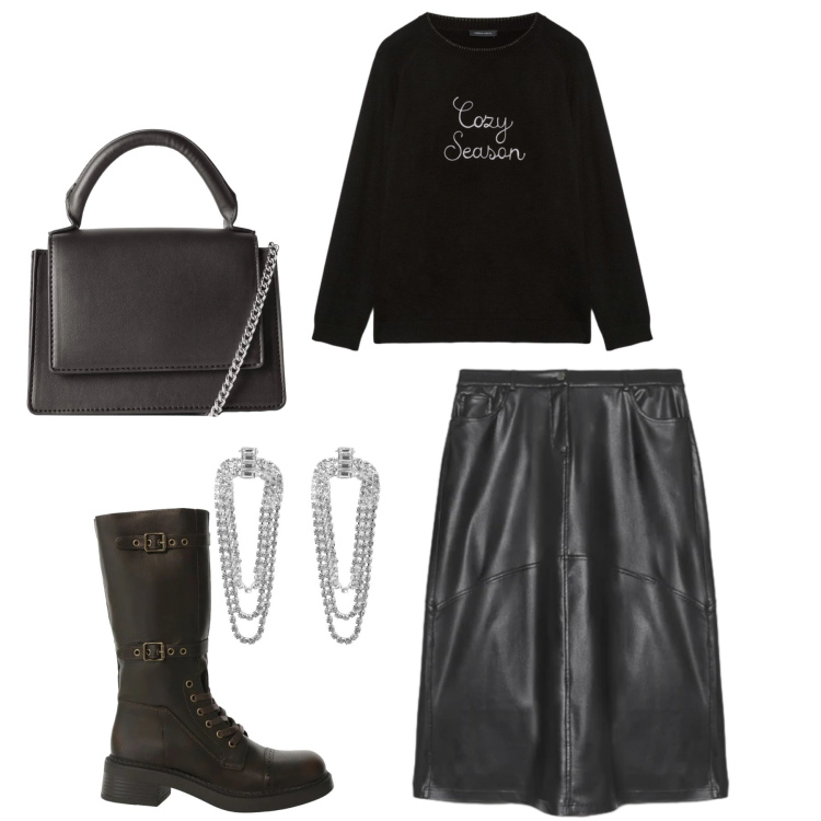 Outfit donna - Rock-Cozy Rebellion. Stile Rock per Serata fuori. Abbinamento con orecchini, borse a tracolla, stivali, maglieria, gonne lunghe.