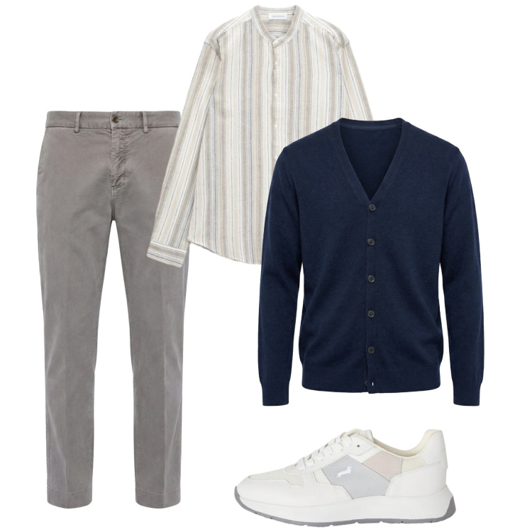 Outfit uomo - Primavera. Stile Casual per Tutti i giorni. Abbinamento con pantaloni chino, sneakers, cardigans, camicie.