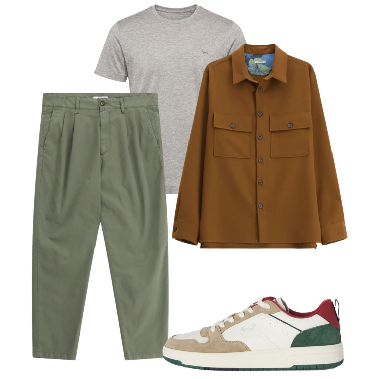Outfit uomo - Marzo. Stile Casual per Tutti i giorni. Abbinamento con sneakers, t-shirt, camicie, pantaloni.