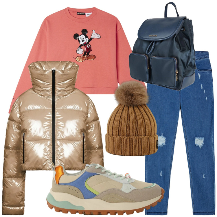 Outfit donna - Marzo, outfit scuola. Stile Trendy per Scuola/Università. Abbinamento con zaini, sneakers, jeans skinny, felpe, berretti, piumini.