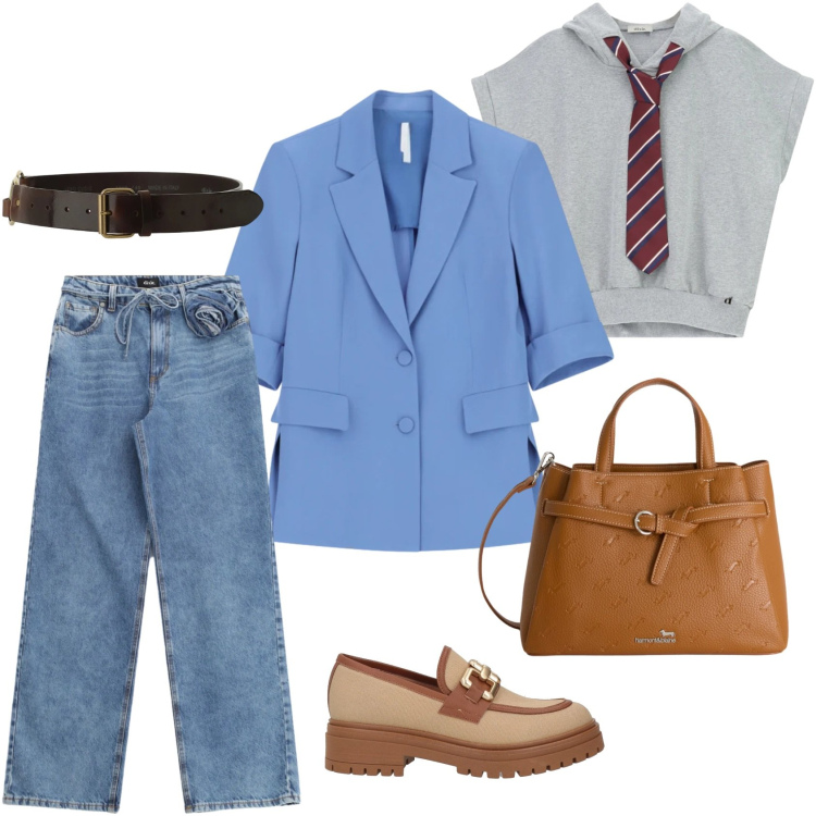 Outfit donna - Un informale outfit da ufficio. Stile Mannish per Ufficio. Abbinamento con mocassini, borse a mano, blazer, felpe con cappuccio, jeans, cinture.