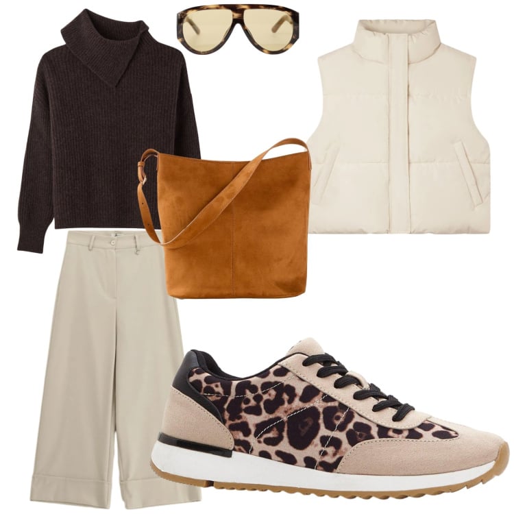 Outfit donna - Brunch & Style. Stile Casual chic per Tutti i giorni. Abbinamento con sneakers, borse a mano, piumini, pullovers, occhiali da sole, pantaloni a palazzo.