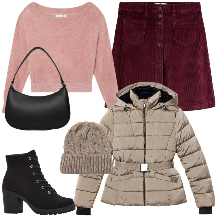 Outfit donna - Casual a Marzo. Stile Trendy per Tutti i giorni. Abbinamento con stivaletti, gonne, maglieria, berretti, piumini, borse a tracolla.