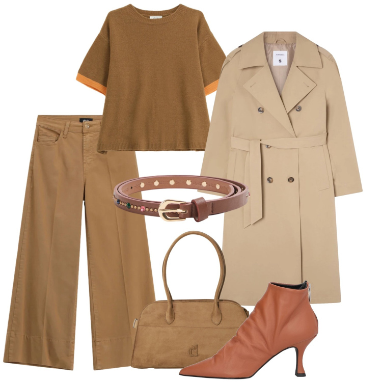 Outfit donna - Trench lungo. Stile Trendy per Tutti i giorni. Abbinamento con stivaletti, trench, cinture, maglieria, pantaloni a palazzo, cappotti.
