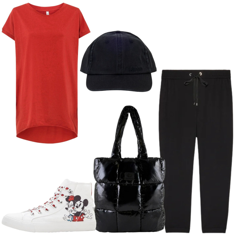 Outfit donna - Total look #2359686. Stile Sporty chic per Tutti i giorni. Abbinamento con maglieria, sneakers alte, pantaloni, cappelli con visiera, shopping bag.