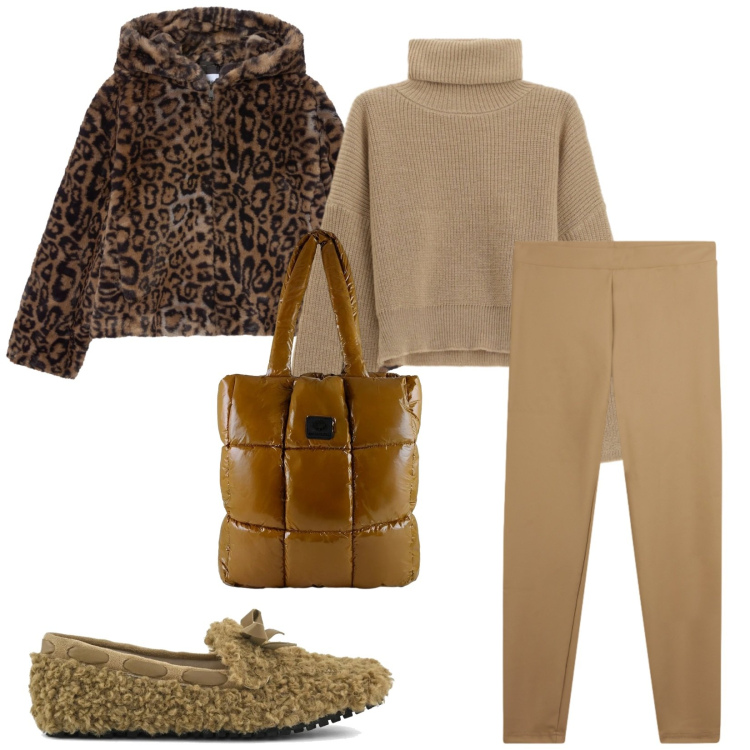 Outfit donna - Total look #2359708. Stile Casual chic per Tutti i giorni. Abbinamento con ecopellicce, maglieria, leggings, shopping bag, mocassini.